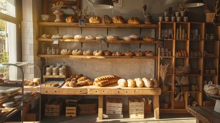 Fotobehang The golden hour light illuminates an inviting array of freshly baked bread arranged inside an artisan bakery. © doraclub