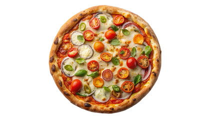 Pizza with mozzarella, tomatoes and basil isolated on transparent background