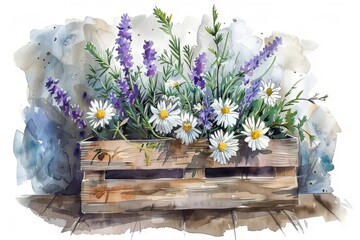 Delicate white chamomile and violet bluebell flowers in rustic wooden box, watercolor still life painting