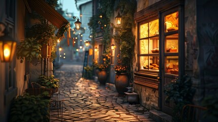 A captivating cobblestone alley bathed in the warm glow of a bakery and street lamps, evoking a...