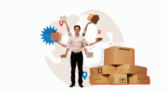 Man with multiple hands holding boxes with global map and location pins in background. Speed and accuracy in deliver. Logistics, business, worldwide delivery services concept. Stop motion, animation