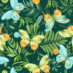 Seamless pattern of elegant beautiful tropical butterflies and plants isolated on background. Cute flying butterfly insects and leaves for decorative design elements.