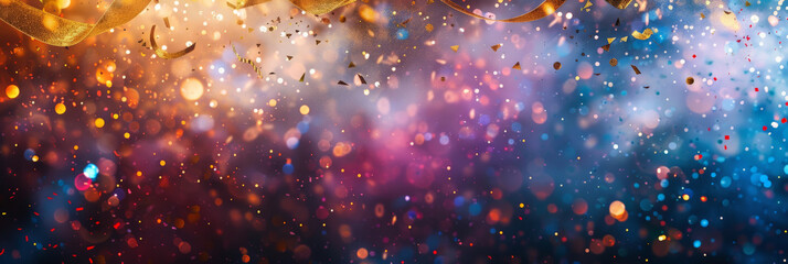Fototapeta premium happy New Year's background with sparkling fireworks, golden ribbons and glittery confetti. Beautiful creative holiday background with fireworks and Sparkling, space for text,christmas banner 