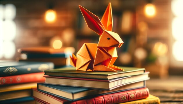 A detailed and focused image of a vibrant orange origami bunny with playful geometric patterns sitting atop a stack of colorful books.