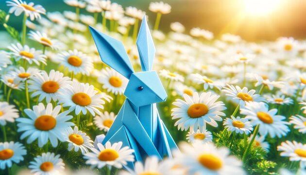 A detailed and focused image of a sky-blue origami bunny with a white fluffy tail.