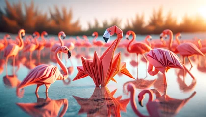 Gardinen An origami flamingo with a coral hue standing amidst real flamingos in a shallow water setting. © FantasyLand86