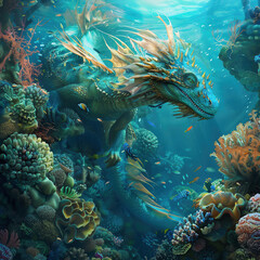 Sea dragon in a coral reef with corals and fish