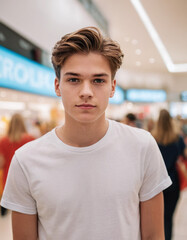 Fashion Forward: Teenage Trendsetter in Urban Chic. A fashion-forward teenager strikes a pose, showcasing a trendy ensemble against the backdrop of a bustling shopping center. 