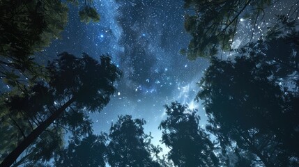 stary night looking up in forest, realistic  - obrazy, fototapety, plakaty