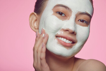 Close up portrait of a young female asian model applying clay face mask on a pink isolated. - 767928199