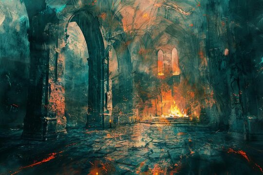 Dramatic Interior of a Castle in Ruins, Degraded by the Action of Fire, digital painting