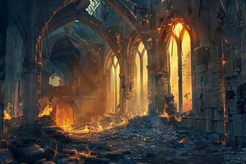 Dramatic Interior of a Castle in Ruins, Degraded by the Action of Fire, digital painting - obrazy, fototapety, plakaty