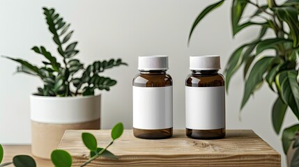 three mockup of a blank supplement bottle sitting on a wooden table with plants besides, minimal and clean style  