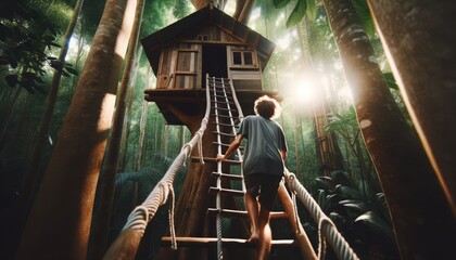 A medium shot of a person climbing the ladder to the treehouse, capturing the sense of adventure and ascent.