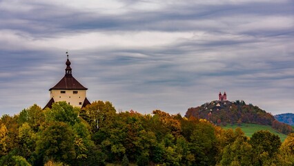 Picturesque view of Banska Stiavnica, New Castle and Calvary in Stiavnicke Vrchy.