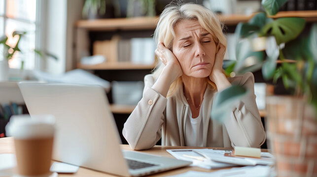 one mature woman at work with headache overworked exhausted burnout