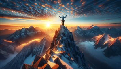 An image of a climber reaching the summit of a tall, snowy mountain at sunrise. - obrazy, fototapety, plakaty