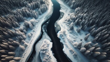 An aerial perspective of a snowy landscape where a partially frozen river divides the scene, contrasting the white snow with the dark water.