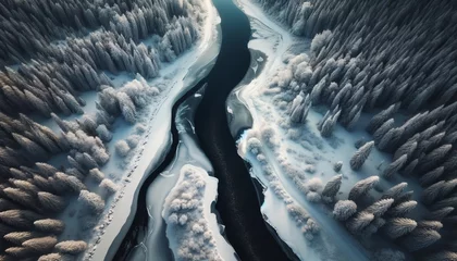 Tafelkleed An aerial perspective of a snowy landscape where a partially frozen river divides the scene, contrasting the white snow with the dark water. © FantasyLand86