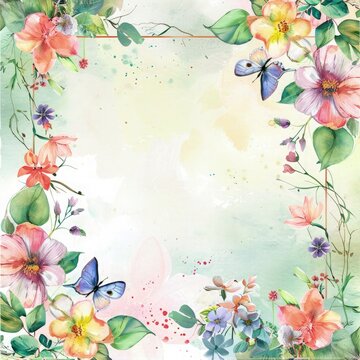 Floral wedding invitation card. a washed watercolor background Include butterflies fluttering around the flowers. into the frame copy space for text