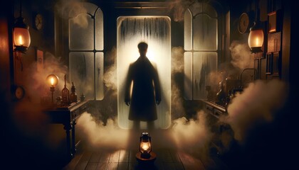 An atmospheric and mysterious image showcasing a mysterious figure standing behind steamy glass, creating an aura of mystery, tension, or suspense.