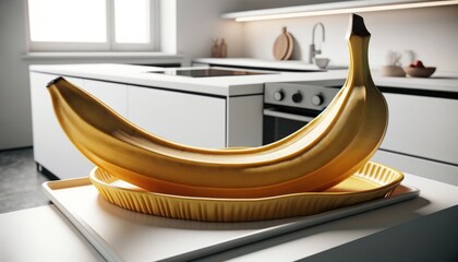 A banana-shaped tray, curved and yellow with slight browning to mimic ripeness, supported by a banana peel-like base on a white shelf. - obrazy, fototapety, plakaty