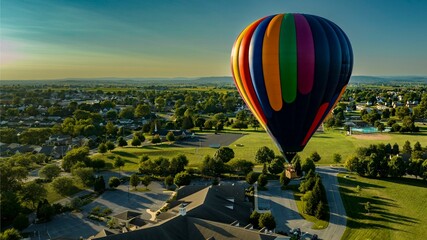 Aerial View on a Striped Hot Air Balloon Floating Over a Countryside Community