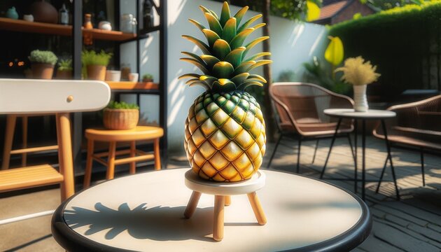 A pineapple-shaped vase, complete with the texture and color of a pineapple, standing on a small pedestal made of wooden legs on a sunny patio table.