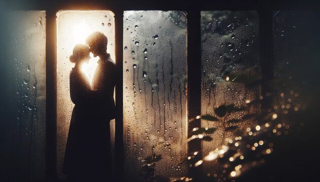 A romantic and evocative image capturing the silhouette of a couple embracing, visible through a window pane covered in raindrops.