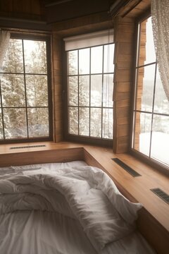 Closeup of a wooden bed during an early morning in winter