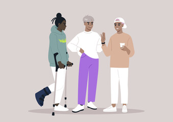 Friends Chatting Supportively, One bearing Crutches and hard shell protective Boot, Three characters engage in a cheerful chat