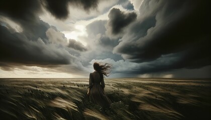 The scene portrays a vast, open field under a stormy sky. - obrazy, fototapety, plakaty