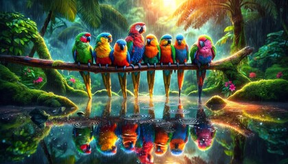 A group of colorful parrots sitting on a branch during a rain shower, with their vivid reflections visible on the wet surface below.