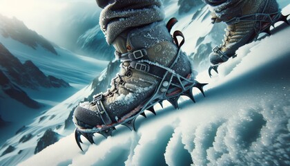 A close-up of a climber's snow-covered boots and crampons, carefully stepping on the fragile icy crust of a steep slope. - obrazy, fototapety, plakaty