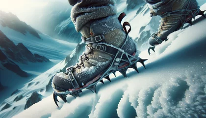 Fotobehang A close-up of a climber's snow-covered boots and crampons, carefully stepping on the fragile icy crust of a steep slope. © FantasyLand86