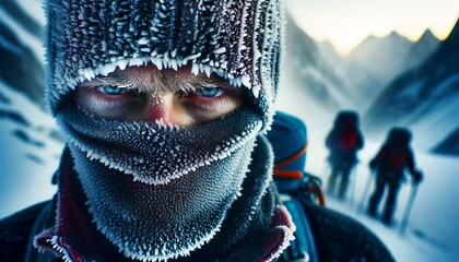 A close-up of a climber's face, partially covered by a frost-edged balaclava, with visible breath against the cold air, intense and determined eyes pe.