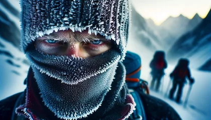 Foto op Plexiglas A close-up of a climber's face, partially covered by a frost-edged balaclava, with visible breath against the cold air, intense and determined eyes pe. © FantasyLand86