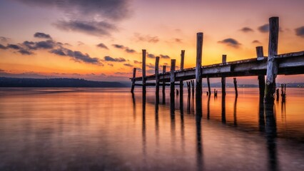 Scenic view of a pier on the sea at golden sunset - Powered by Adobe