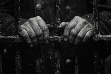 close-up of the hands of a man in prison. The man behind the prison bars