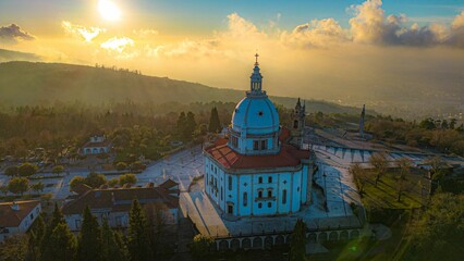 Aerial view of the Sanctuary of Our Lady of Sameiro at sunset in Braga, Portugal.