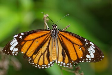 Closeup of a danaus genutia on leaves in a field with a blurry background