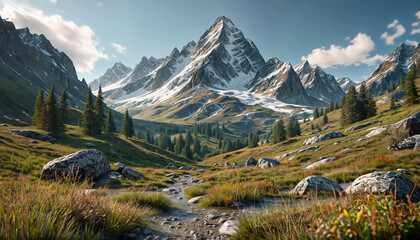 Obraz premium Mountain landscape. Mountain peaks. Snowy rocks. Alpine landscape. Green mountain valley