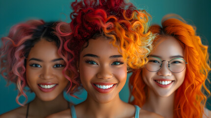 Three Diverse Women with Vibrant Colored Hair Smiling against a Teal Backdrop