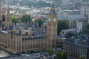 Palace of Westminster and Big Ben seen from London Eye observation wheel in London, UK