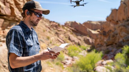 A focused man piloting a drone with remote control against the backdrop of a picturesque canyon under a clear sky. - Powered by Adobe