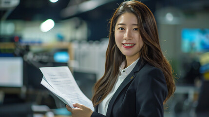 Female korean news anchor holding a paper with smiling