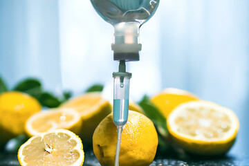 Natural orange fruits vitamin c nutrition iv drip therapy drug treatment concept. - obrazy, fototapety, plakaty