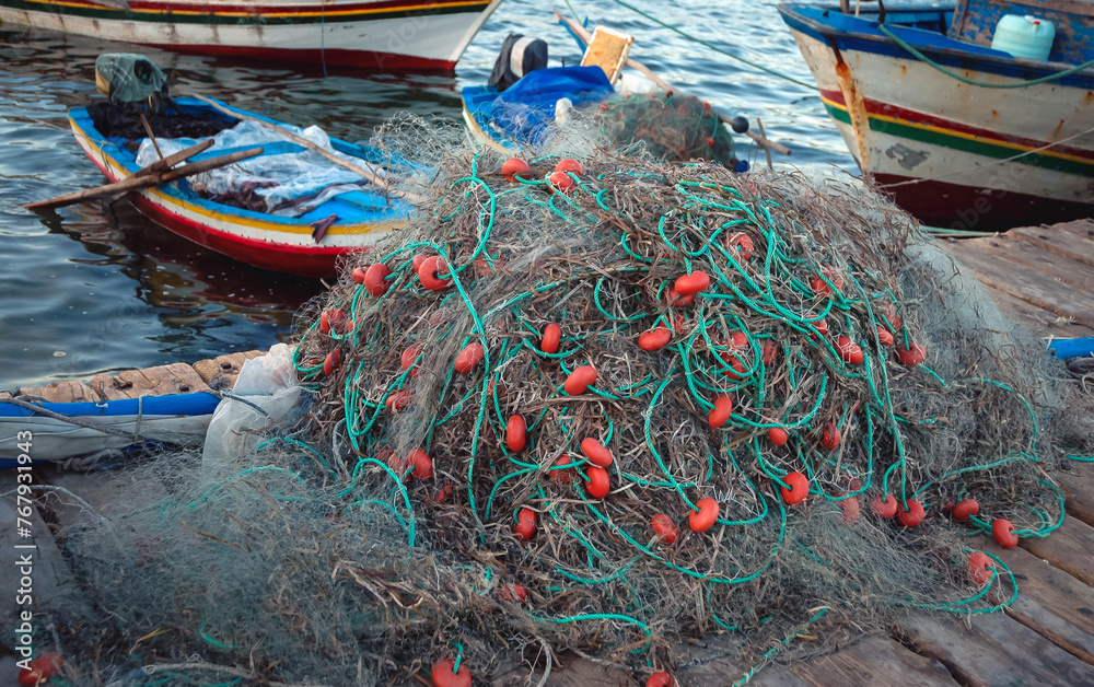 Sticker Fish nets in port of Houmt Souk city on Djerba Island, Tunisia