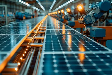 Streamlined solar panel manufacturing through automated technology ensures accurate production. Concept Solar Panel Manufacturing, Automated Technology, Accuracy Control, Streamlined Process