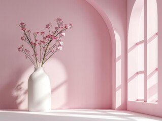 Modern trending lightweight pink background for product presentation with shadow and light from windows. Empty podium with a vase of a flower